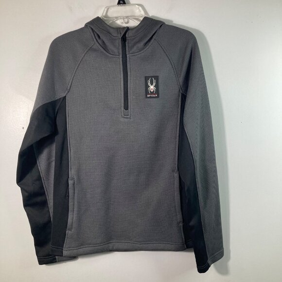 Mens Spyder Polar Pullover Half Zip Hoodie Soft Shell Jacket Gray Black M Polyes - Picture 1 of 11